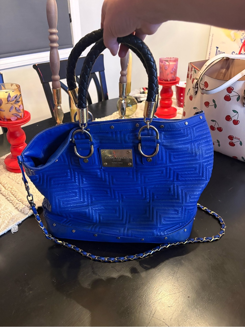 Versace Electric Blue Quilted Crossbody Tote with Black Braided Handles